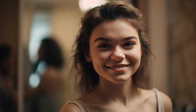 La giovane donna con i capelli castani sorride felicemente al chiuso generata dall'intelligenza artificiale