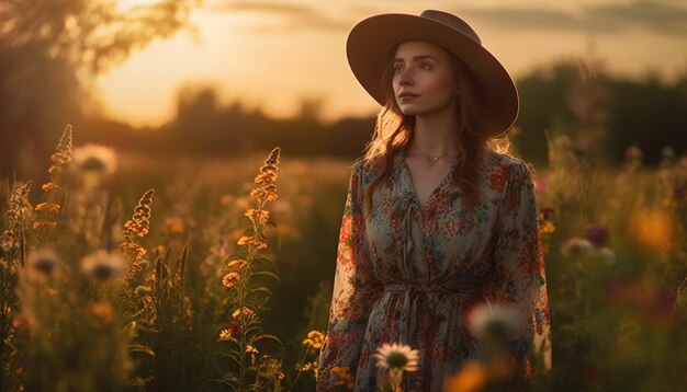 La giovane donna gode della bellezza della natura al tramonto IA generativa