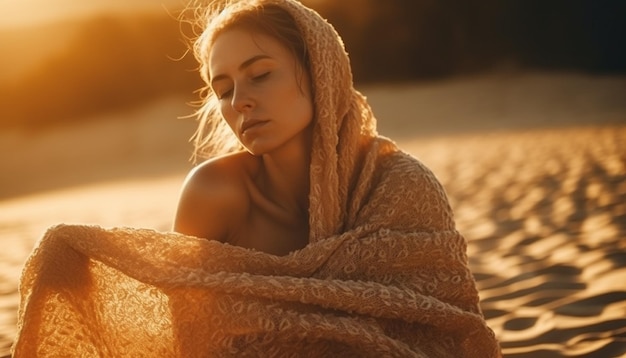 La giovane donna gode di un tramonto sereno sulla spiaggia generato dall'intelligenza artificiale