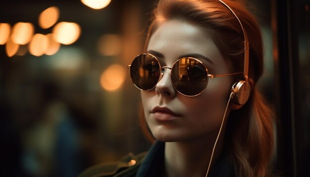 La giovane donna in occhiali da sole gode della vita notturna della città generata dall'intelligenza artificiale