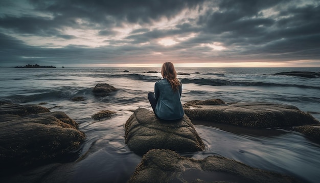 La giovane donna medita sulla costa serena al tramonto generata dall'intelligenza artificiale