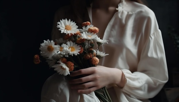 La giovane donna tiene in mano un bouquet di margherite fresche generate dall'intelligenza artificiale