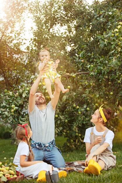 La giovane famiglia felice durante la raccolta delle mele in un giardino all'aperto