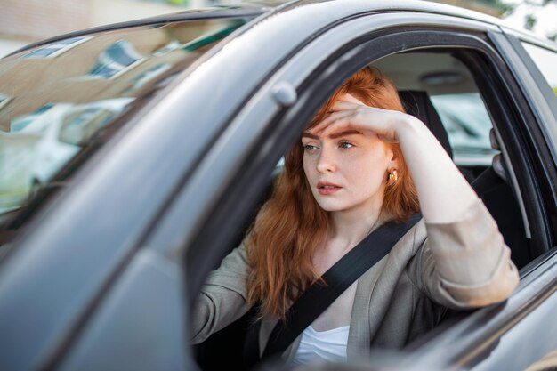 La guida nervosa si siede al volante ha un'espressione preoccupata perché ha paura di guidare l'auto da sola per la prima volta La donna spaventata ha un incidente d'auto sulla strada La gente ha problemi di guida con i trasporti