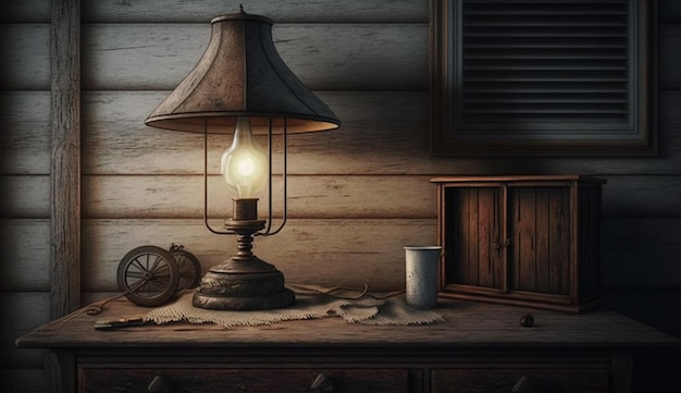La lampada rustica in legno vecchio stile illumina l'accogliente intelligenza artificiale generativa interna