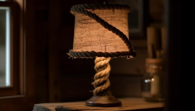 La lanterna antica pende illuminando l'accogliente soggiorno rustico generato dall'intelligenza artificiale