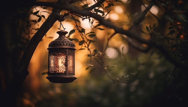 La lanterna incandescente pende dal vecchio ramo di un albero generato dall'intelligenza artificiale