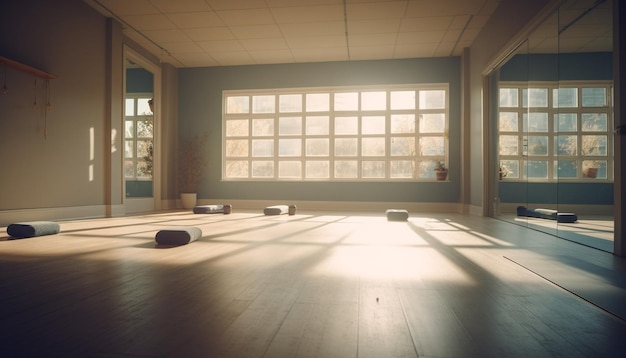 La luce del sole splende su uno studio di yoga vuoto generato dall'intelligenza artificiale