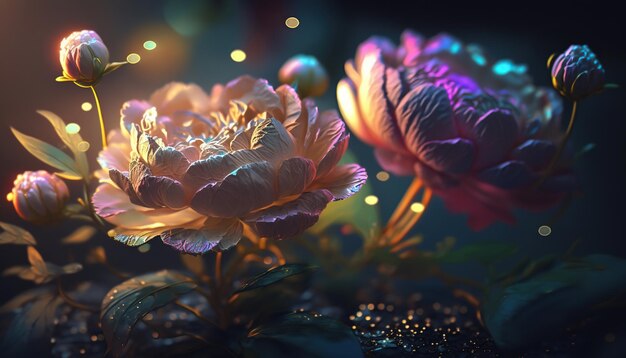 La luce spettrale illumina le peonie dai colori profondi, luminose e trasparenti, arte astratta del fiore ai