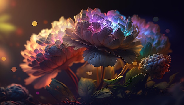 La luce spettrale illumina le peonie dai colori profondi, luminose e trasparenti, arte astratta del fiore ai