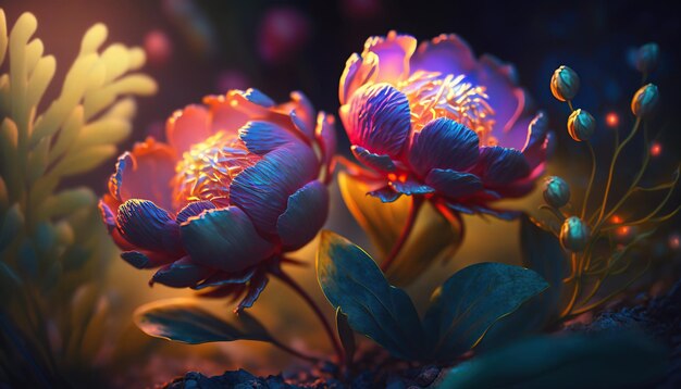 La luce spettrale illumina le peonie dai colori profondi, luminose e trasparenti, arte astratta del fiore ai