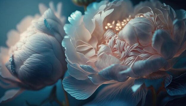 La luce spettrale illumina le peonie di colore blu brillante trasparente arte astratta del fiore ai