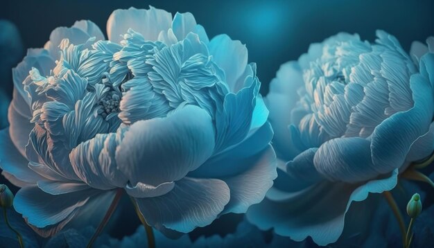 La luce spettrale illumina le peonie di colore blu brillante trasparente arte astratta del fiore ai