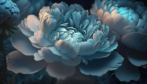 La luce spettrale illumina le peonie di colore blu brillante trasparente arte astratta del fiore ai