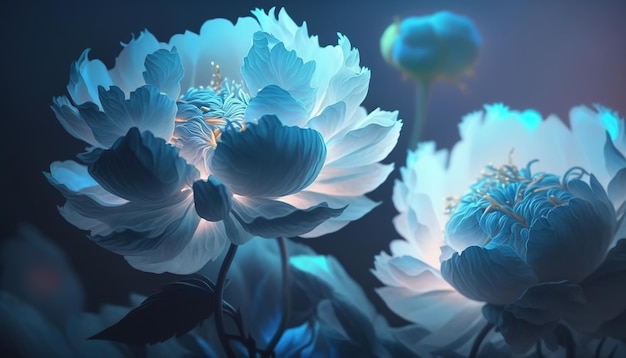 La luce spettrale illumina le peonie di colore blu brillante trasparente arte astratta del fiore ai