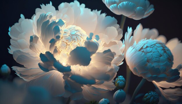 La luce spettrale illumina le peonie di colore blu brillante trasparente arte astratta del fiore ai