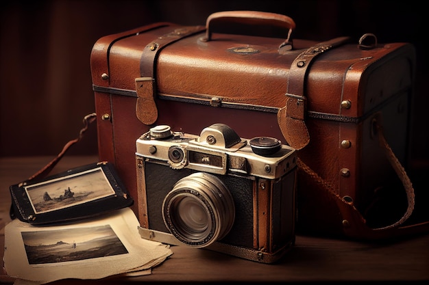 La macchina fotografica vecchio stile e la valigia in pelle trasudano nostalgia dell'intelligenza artificiale generativa