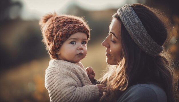 La madre abbraccia il bambino in un giocoso tramonto autunnale generato dall'intelligenza artificiale