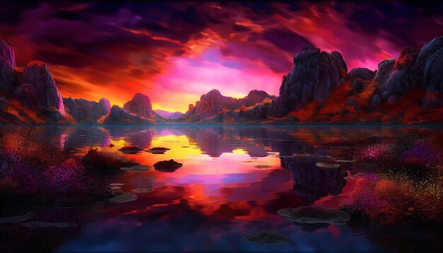 La maestosa catena montuosa riflette colori vibranti al tramonto generati dall'intelligenza artificiale