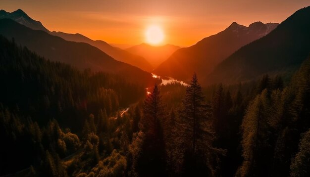 La maestosa catena montuosa riflette la tranquilla bellezza del tramonto generata dall'intelligenza artificiale