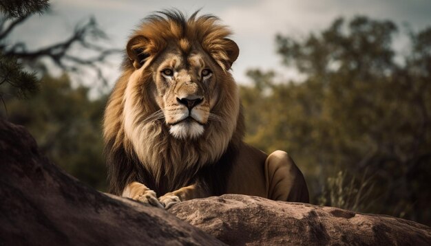 La maestosa leonessa nella savana si concentra sulla sua potente criniera generata dall'IA