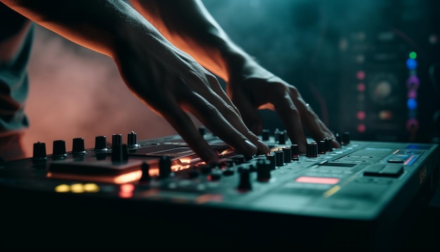 La mano gira la manopola sul mixer al nightclub generato dall'intelligenza artificiale