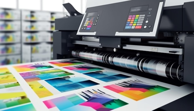 La moderna macchina da stampa produce stampe multicolori accuratamente generate dall'intelligenza artificiale