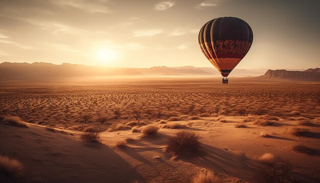 La mongolfiera vola sopra il meraviglioso paesaggio dell'alba generato dall'intelligenza artificiale