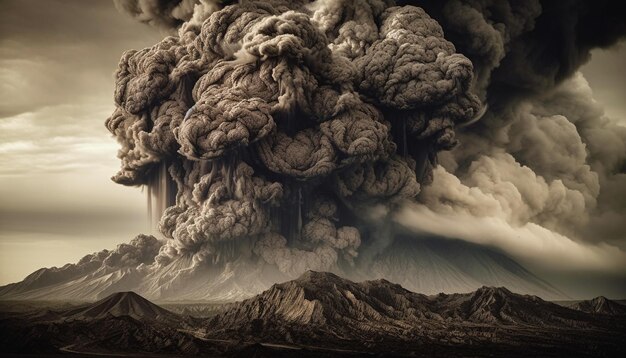 La montagna in eruzione crea movimento nel cielo scuro generato dall'intelligenza artificiale