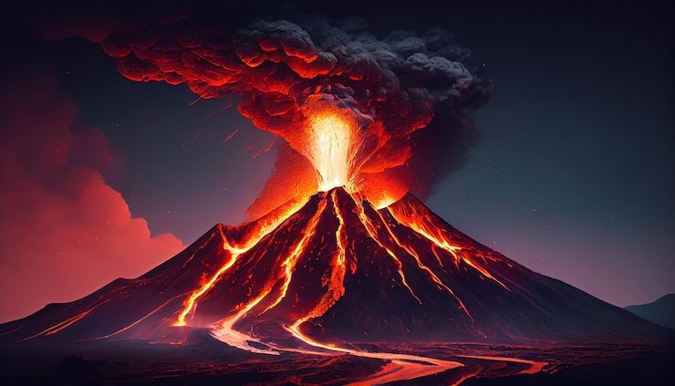 Foto gratuito la montagna in eruzione vomita cenere infuocata nel cielo generata dall'intelligenza artificiale