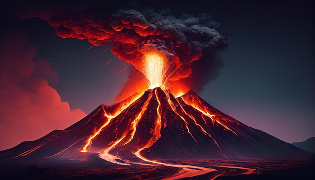 La montagna in eruzione vomita cenere infuocata nel cielo generata dall'intelligenza artificiale