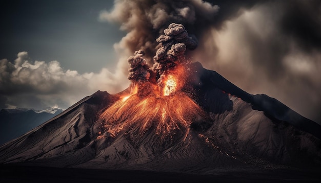 La montagna in fiamme erutta distruggendo l'ambiente con l'inquinamento da fumo e cenere generato dall'IA