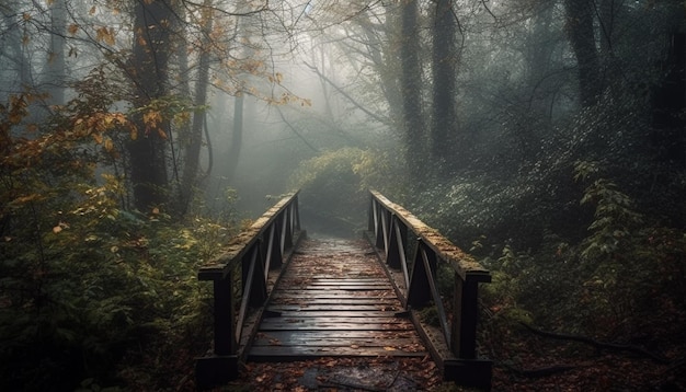 La nebbia misteriosa avvolge la bellezza del paesaggio della foresta autunnale generata dall'intelligenza artificiale