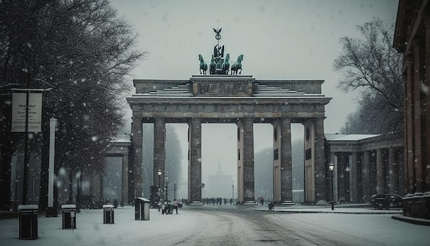 La neve invernale ricopre il famoso monumento maestosa statua equestre generata dall'intelligenza artificiale