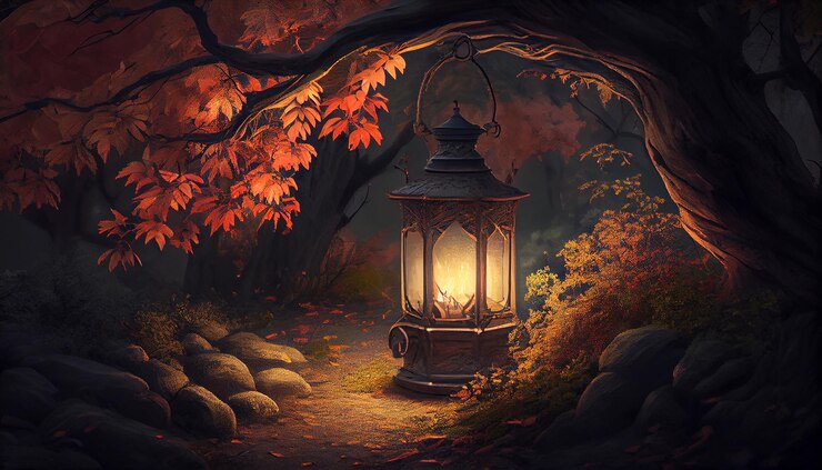Foto gratuito la notte d'autunno illumina la foresta spettrale con la fiamma della lanterna generata dall'intelligenza artificiale