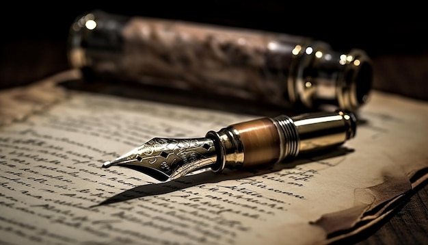 La penna d'oca antica scrive la calligrafia vecchio stile generata dall'intelligenza artificiale