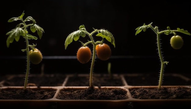 La piantina di pomodoro fresco cresce in una serra organica generata dall'IA