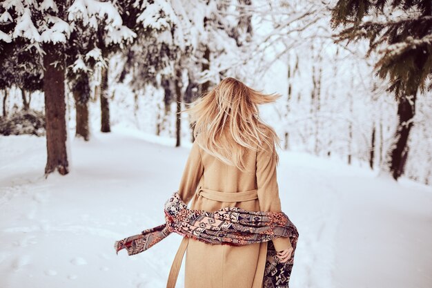 La ragazza sta camminando in un parco d'inverno