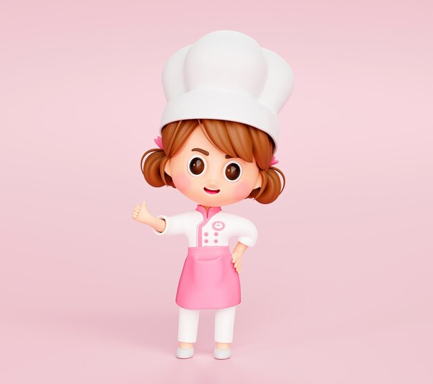 La ragazza sveglia dello chef in uniforme che mostra i pollici in su firma il logo del carattere della mascotte del ristorante sul fumetto dell'illustrazione 3d del fondo rosa