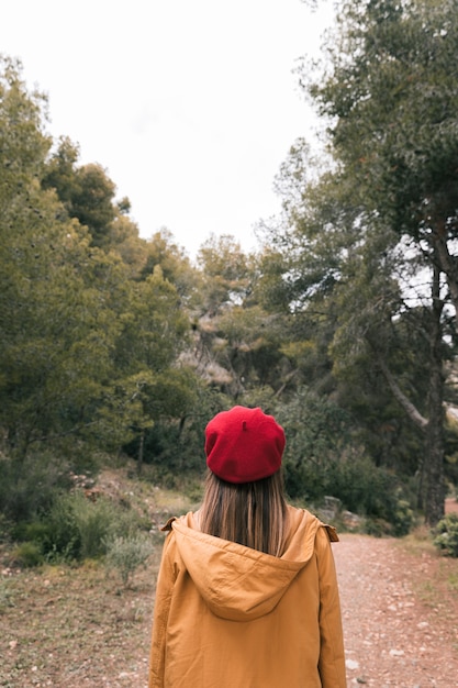 La retrovisione di una giovane donna in rosso tricotta il cappello che sta sul modo alla foresta