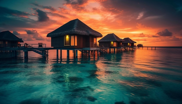 La riflessione tranquilla del bungalow proietta la bellezza del tramonto caraibico generata dall'intelligenza artificiale