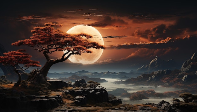 La sagoma di un albero contro il cielo scuro al chiaro di luna rivela il mistero generato dall'intelligenza artificiale