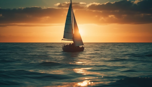 La sagoma di una barca a vela scivola sulle tranquille acque del tramonto generate dall'intelligenza artificiale