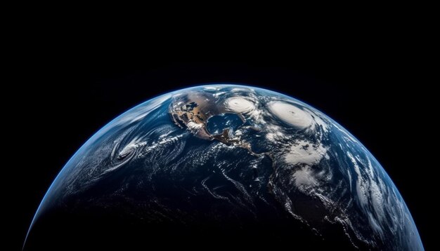 La sfera blu incandescente orbita attorno alla Terra illuminando la natura generata dall'IA