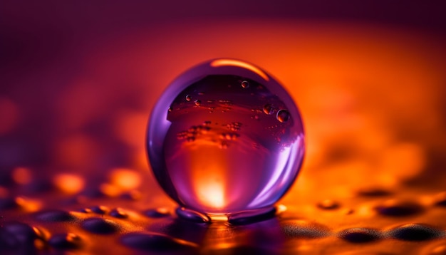 La sfera di vetro astratta riflette la vibrante goccia di rugiada della natura generata dall'intelligenza artificiale