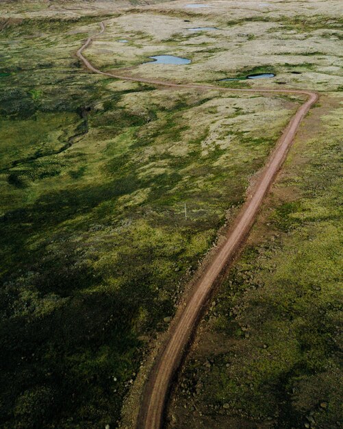 La strada fangosa stretta in un campo verde ha sparato da sopra