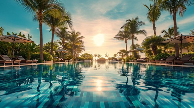 La superficie scintillante di una lussuosa piscina circondata da palme e sedie a sdraio