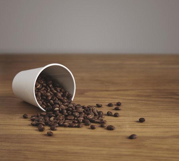 La tazza di carta bianca vuota con buoni chicchi di caffè tostati è caduta su un tavolo di legno spesso nella caffetteria