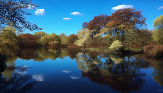 La tranquillità e la bellezza della natura risplendono foglie gialle alberi verdi generati dall'intelligenza artificiale