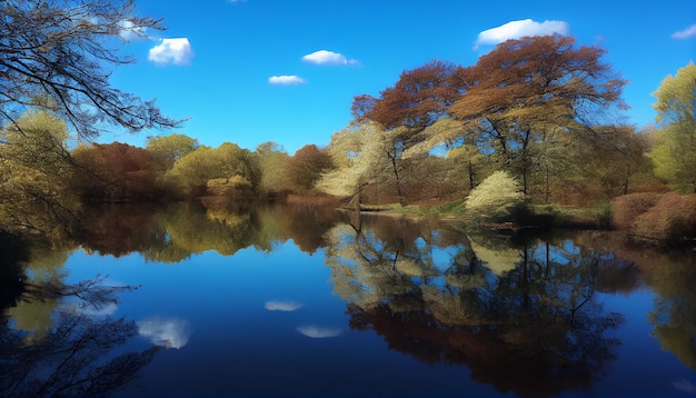 La tranquillità e la bellezza della natura risplendono foglie gialle alberi verdi generati dall'intelligenza artificiale